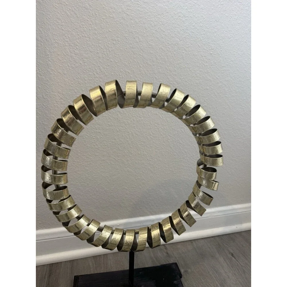 Arena Gold Finish Metal Sculpture, Iron Mount, Wooden Base. Zen-inspired Accent